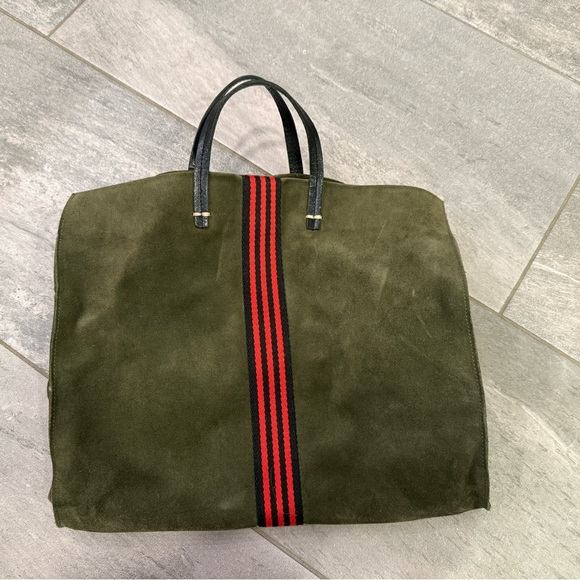 Clare V Olive Green Suede Tote Bag with Red Stripe - Picture 2 of 4